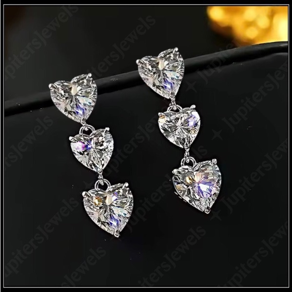 New Triple Heart Crystal Drop Earrings – Elegant Silver Statement Jewelry